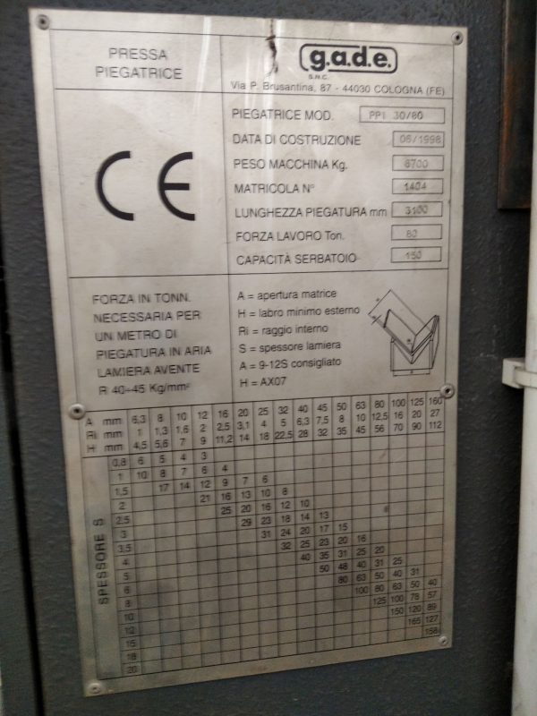 PRESSA PIEGATRICE IDRAULICA "GADE" USATA